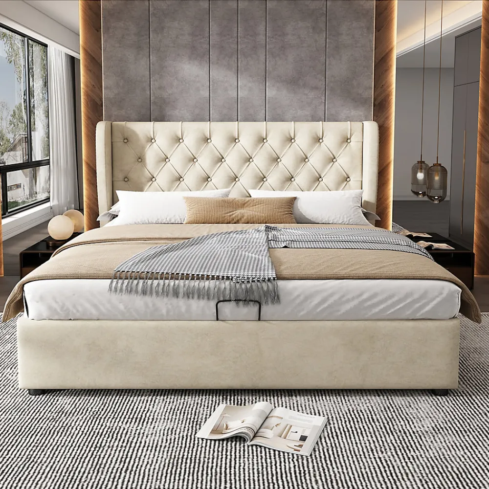 Lit 160x200 cm avec coffre et tête de lit haute capitonnée style Chesterfield en velours beige, cadre solide>Redom Best