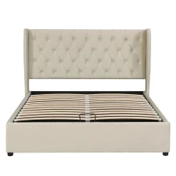 Lit 160x200 cm avec coffre et tête de lit haute capitonnée style Chesterfield en velours beige, cadre solide><noscript><img width=