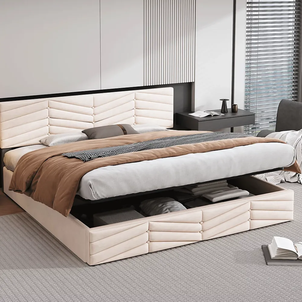 Redom Lit 160x200 cm avec coffre hydraulique et tête de lit réglable, tapissé velours beige, design contemporain* Lit Avec Rangement