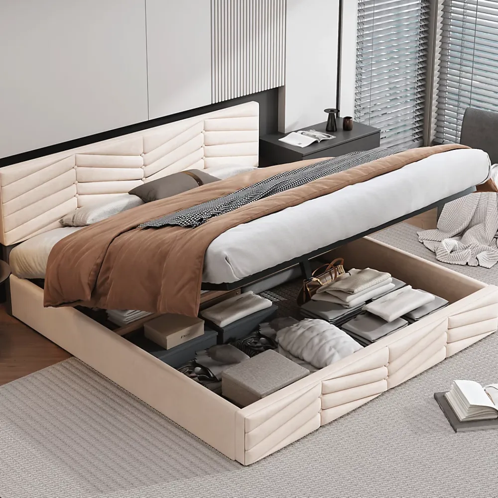 Redom Lit 160x200 cm avec coffre hydraulique et tête de lit réglable, tapissé velours beige, design contemporain* Lit Avec Rangement
