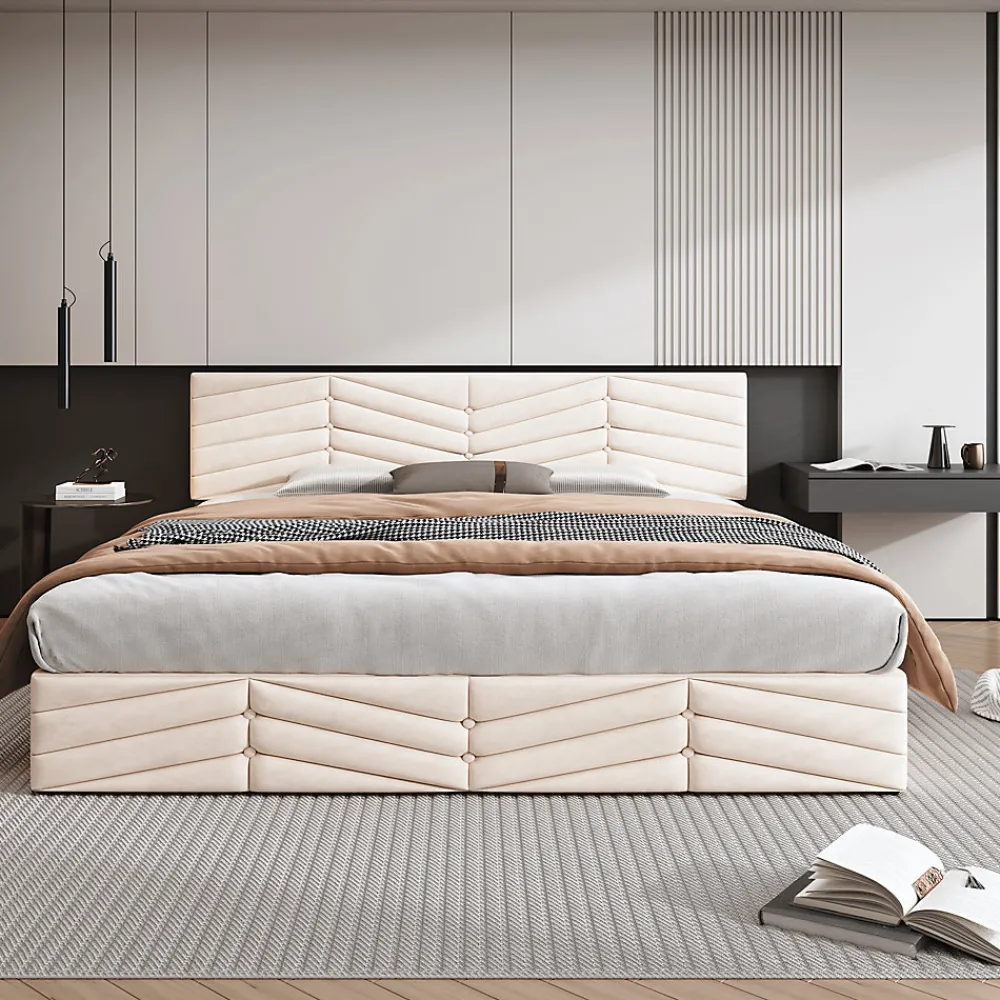 Redom Lit 160x200 cm avec coffre hydraulique et tête de lit réglable, tapissé velours beige, design contemporain* Lit Avec Rangement