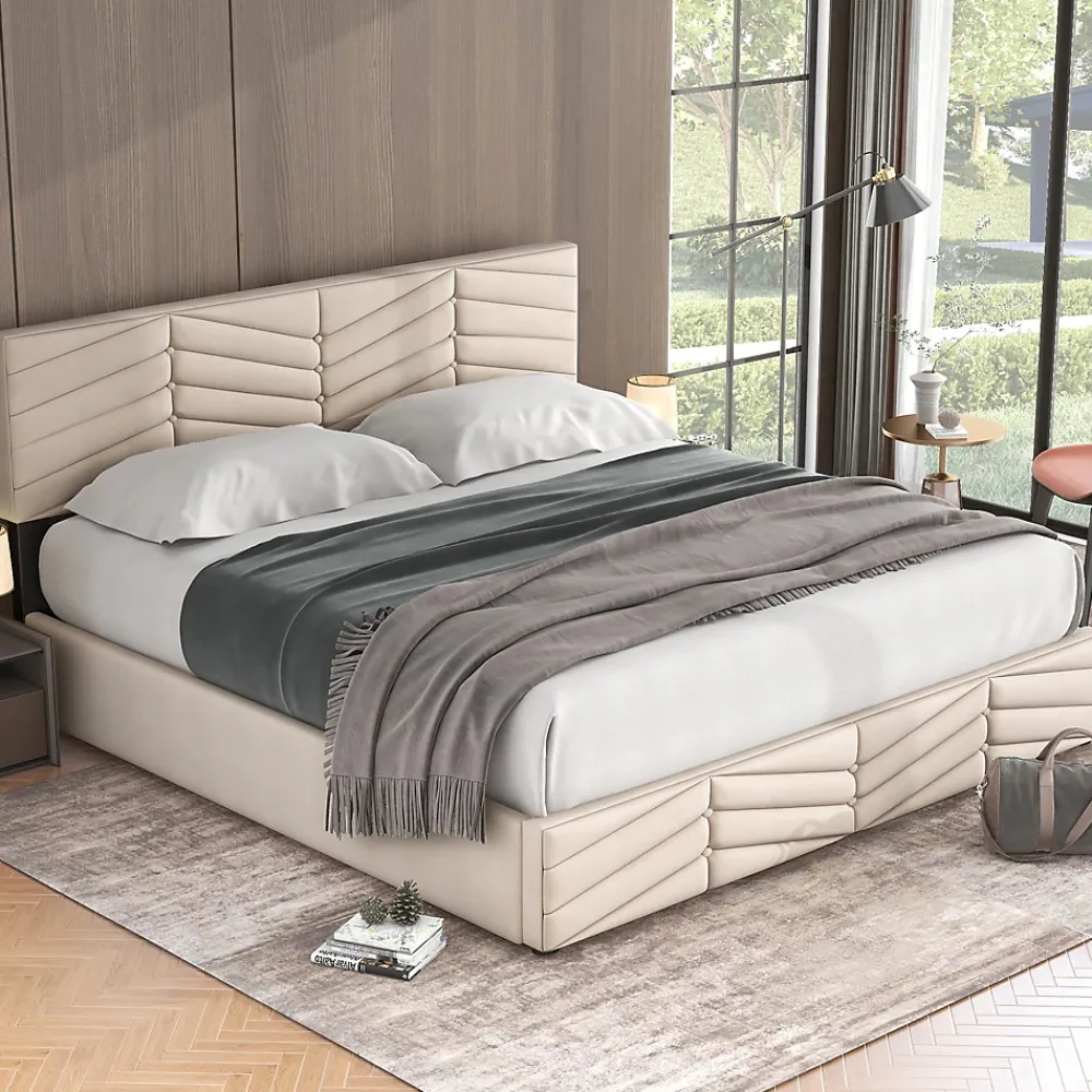 Redom Lit 160x200 cm avec coffre hydraulique et tête de lit réglable, tapissé velours beige, design contemporain* Lit Avec Rangement