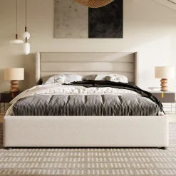 Lit 160x200 cm avec coffre hydraulique et tête de lit rembourrée en lin beige, design moderne>Redom Sale
