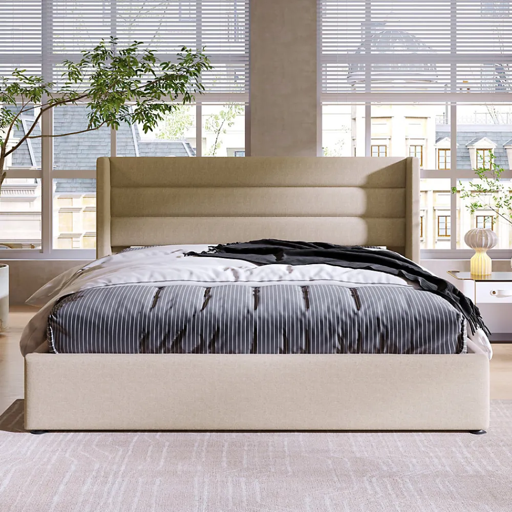 Lit 160x200 cm avec coffre hydraulique et tête de lit rembourrée en lin beige, design moderne>Redom Sale