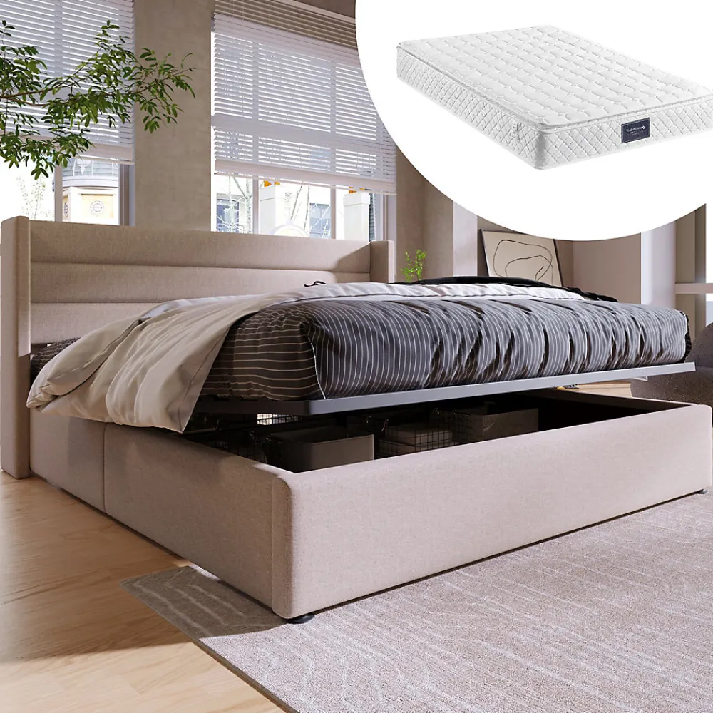Lit 160x200 cm avec coffre hydraulique et tête de lit rembourrée en lin beige, design moderne>Redom Sale