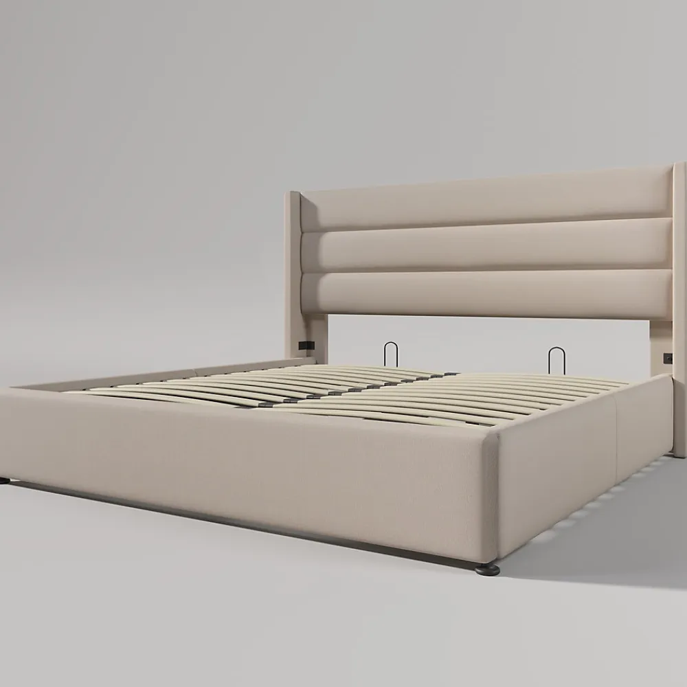 Lit 160x200 cm avec coffre hydraulique et tête de lit rembourrée en lin beige, design moderne>Redom Sale