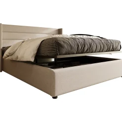 Lit 160x200 cm avec coffre hydraulique et tête de lit rembourrée en lin beige, design moderne><noscript><img width=