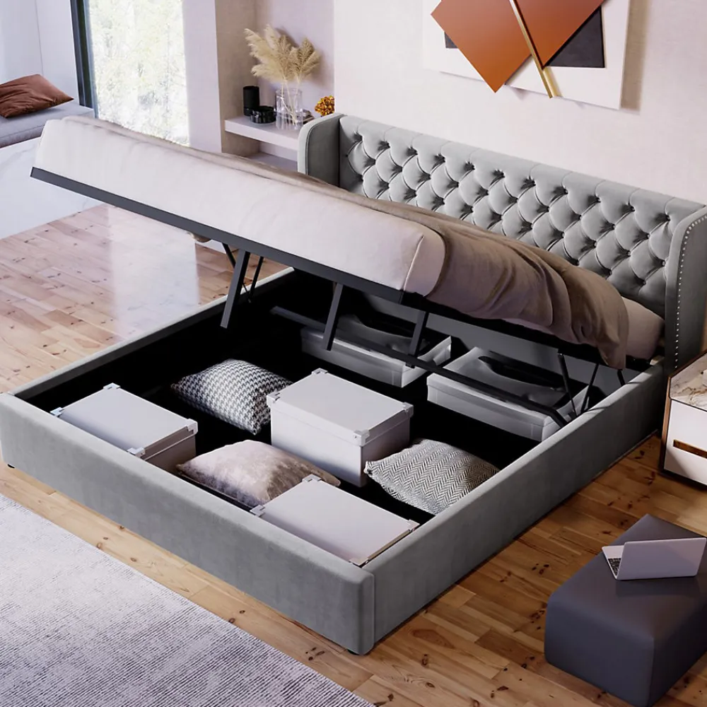 Lit 160x200 cm avec coffre hydraulique et tête de lit capitonnée en velours gris>Redom Discount