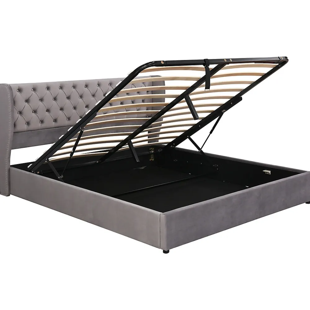 Lit 160x200 cm avec coffre hydraulique et tête de lit capitonnée en velours gris>Redom Discount