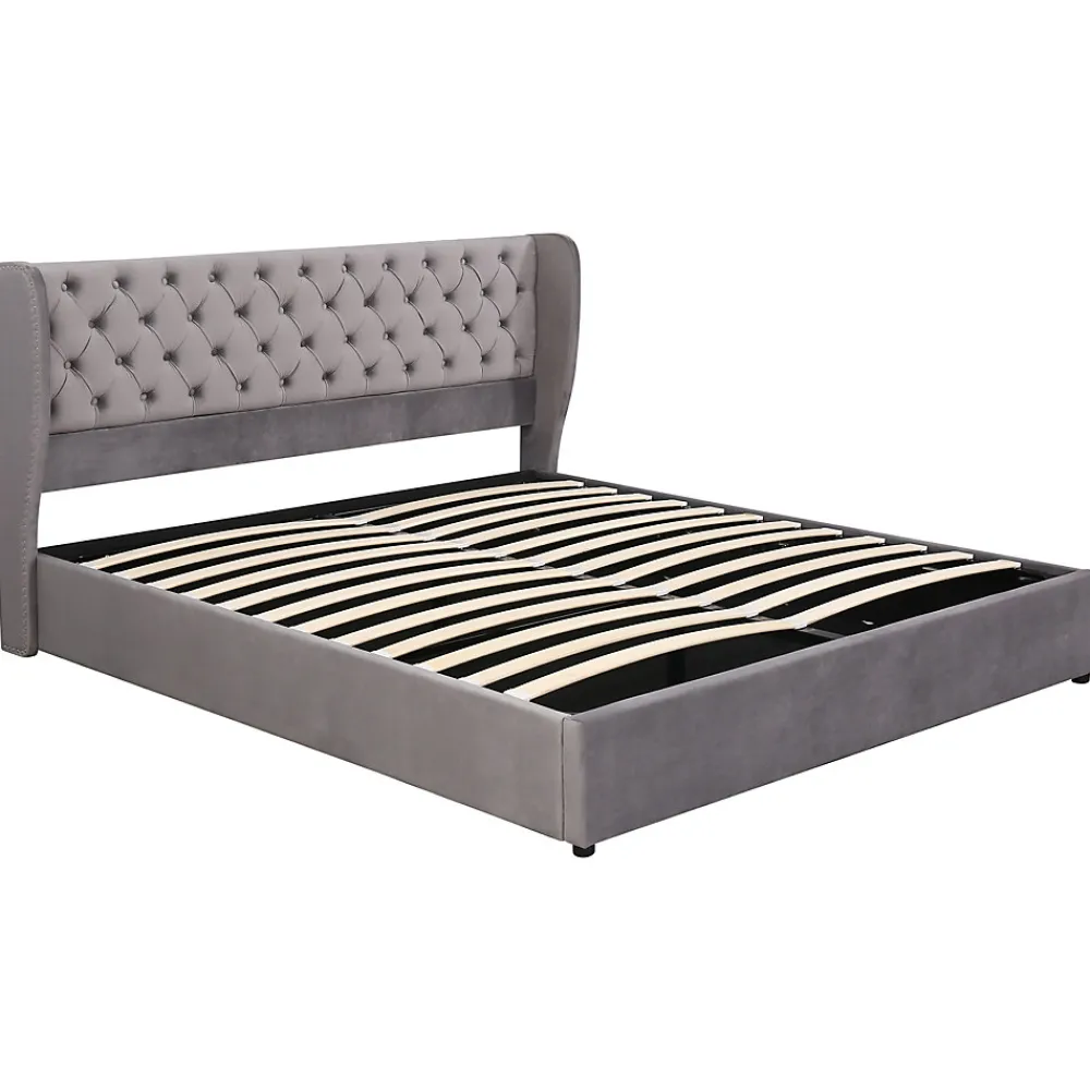 Lit 160x200 cm avec coffre hydraulique et tête de lit capitonnée en velours gris>Redom Discount