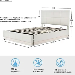 Redom Lit 140x200 cm avec coffre hydraulique et éclairage LED, tête et cadre tapissés similicuir blanc contemporain* Lit Avec Rangement
