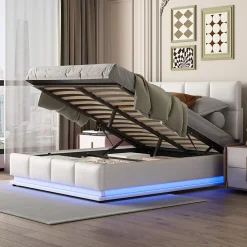 Redom Lit 140x200 cm avec coffre hydraulique et éclairage LED, tête et cadre tapissés similicuir blanc contemporain* Lit Avec Rangement