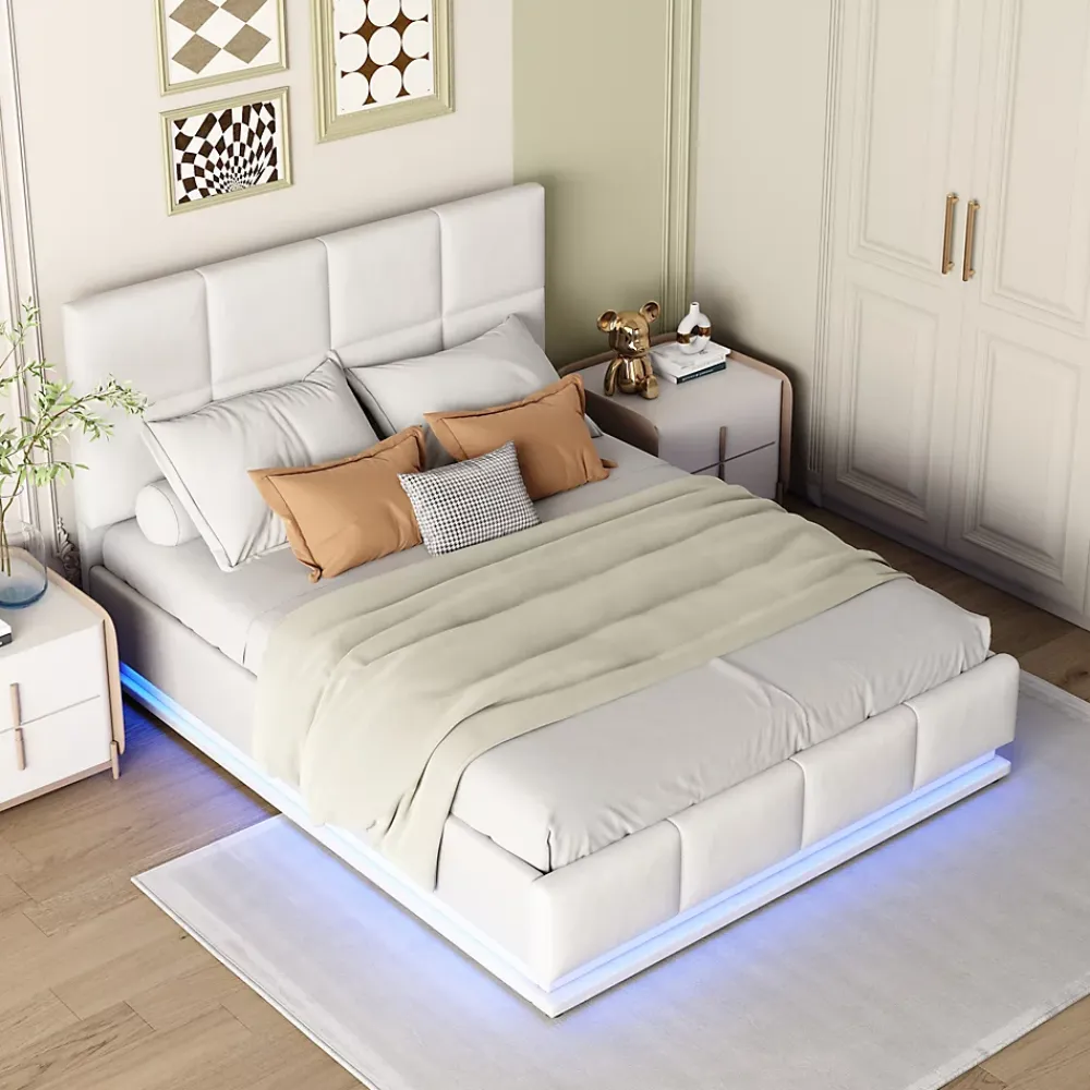 Redom Lit 140x200 cm avec coffre hydraulique et éclairage LED, tête et cadre tapissés similicuir blanc contemporain* Lit Avec Rangement