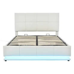 Redom Lit 140x200 cm avec coffre hydraulique et éclairage LED, tête et cadre tapissés similicuir blanc contemporain* Lit Avec Rangement