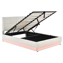 Redom Lit 140x200 cm avec coffre hydraulique et éclairage LED, tête et cadre tapissés similicuir blanc contemporain* Lit Avec Rangement