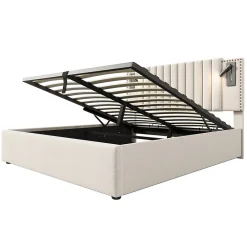 Lit 180x200 cm avec coffre, tête réglable à rivets, liseuse USB et revêtement coton-lin beige, cadre métal><noscript><img width=
