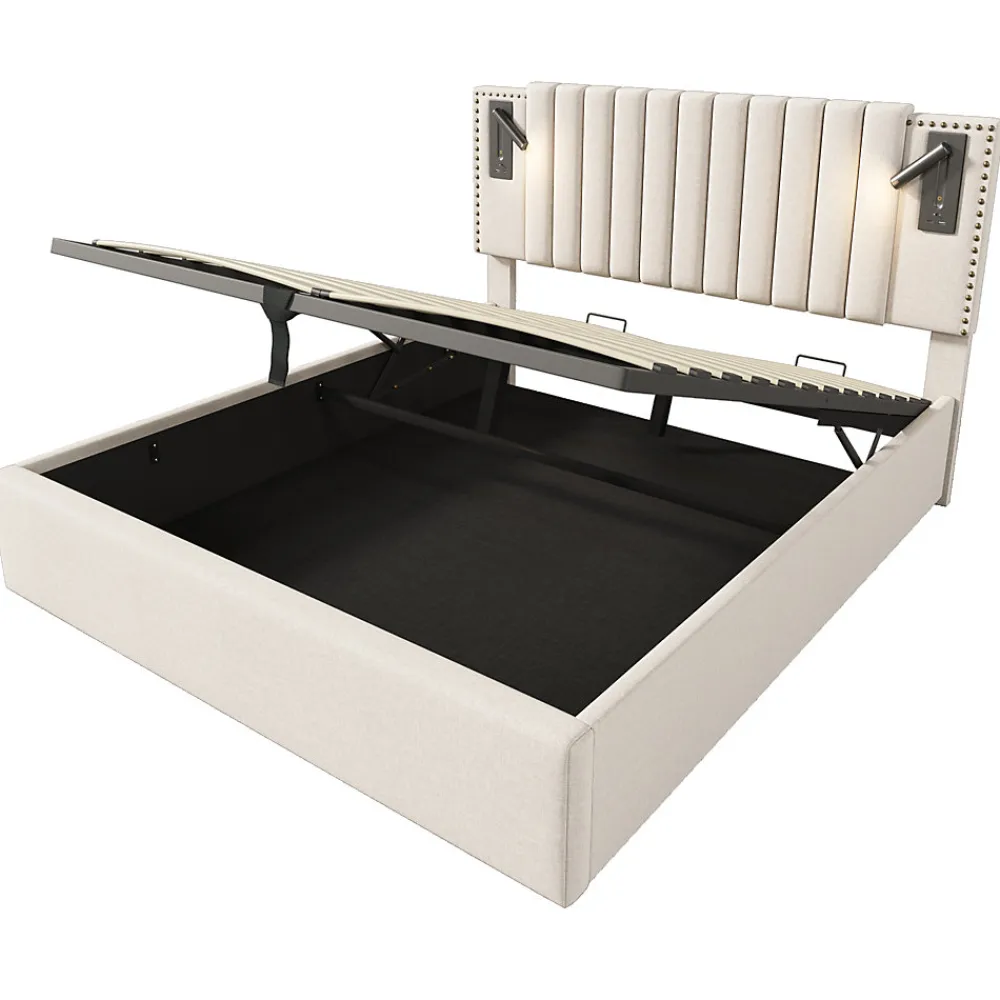 Lit 180x200 cm avec coffre, tête réglable à rivets, liseuse USB et revêtement coton-lin beige, cadre métal>Redom Outlet