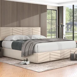 Lit 180x200 cm avec coffre, tête de lit réglable (5 cm) et revêtement velours beige, style élégant><noscript><img width=