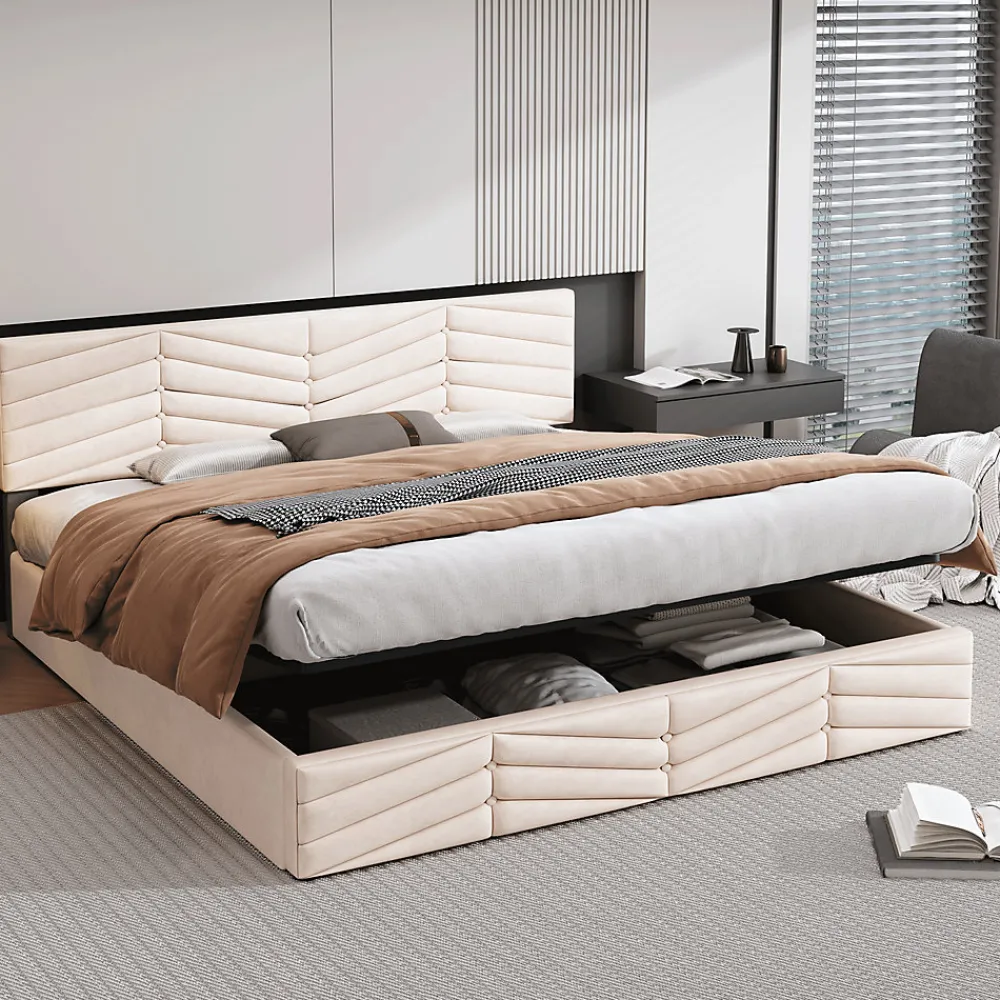 Lit 180x200 cm avec coffre, tête de lit réglable (5 cm) et revêtement velours beige, style élégant>Redom