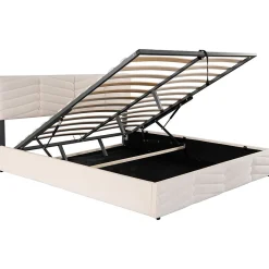 Lit 180x200 cm avec coffre, tête de lit réglable (5 cm) et revêtement velours beige, style élégant><noscript><img width=