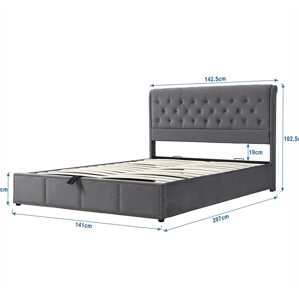 Redom Lit 140x200 cm avec coffre, tête de lit capitonnée en velours gris et banc-coffre assorti, design élégant* Lit Avec Rangement