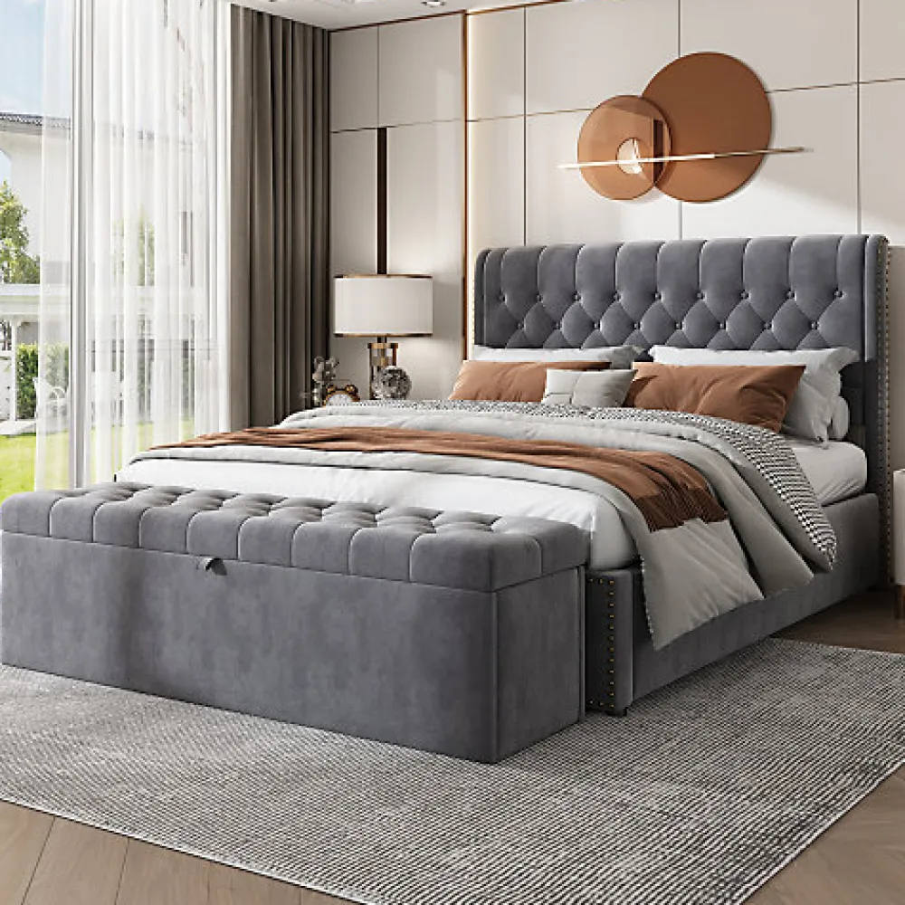 Redom Lit 140x200 cm avec coffre, tête de lit capitonnée en velours gris et banc-coffre assorti, design élégant* Lit Avec Rangement