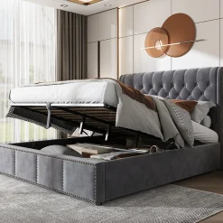 Redom Lit 140x200 cm avec coffre, tête de lit capitonnée en velours gris et banc-coffre assorti, design élégant* Lit Avec Rangement