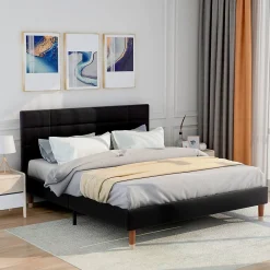 Redom Lit 140x200 cm avec espace de rangement sous le sommier et tête de lit rembourrée en lin noir* Ensemble Sommier Et Matelas
