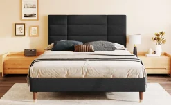 Redom Lit 140x200 cm avec espace de rangement sous le sommier et tête de lit rembourrée en lin noir* Ensemble Sommier Et Matelas