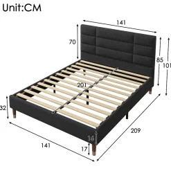 Redom Lit 140x200 cm avec espace de rangement sous le sommier et tête de lit rembourrée en lin noir* Ensemble Sommier Et Matelas