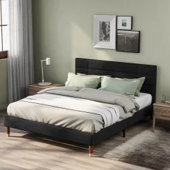 Redom Lit 140x200 cm avec espace de rangement sous le sommier et tête de lit rembourrée en lin noir* Ensemble Sommier Et Matelas