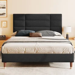 Redom Lit 140x200 cm avec espace de rangement sous le sommier et tête de lit rembourrée en lin noir* Ensemble Sommier Et Matelas