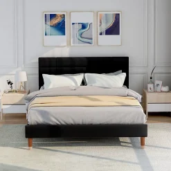 Redom Lit 140x200 cm avec espace de rangement sous le sommier et tête de lit rembourrée en lin noir* Ensemble Sommier Et Matelas