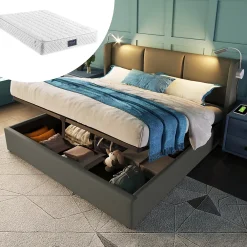 Redom Lit 160x200 cm avec grand rangement et tête de lit équipée d'une liseuse orientable et prise USB, PU gris* Lit Avec Rangement