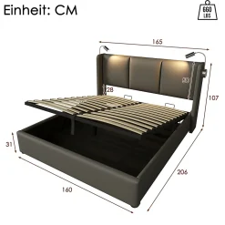 Redom Lit 160x200 cm avec grand rangement et tête de lit équipée d'une liseuse orientable et prise USB, PU gris* Lit Avec Rangement