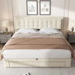 Redom Lit 160x200 cm avec grand rangement hydraulique, tête de lit réglable en velours beige et pieds métal* Lit Avec Rangement