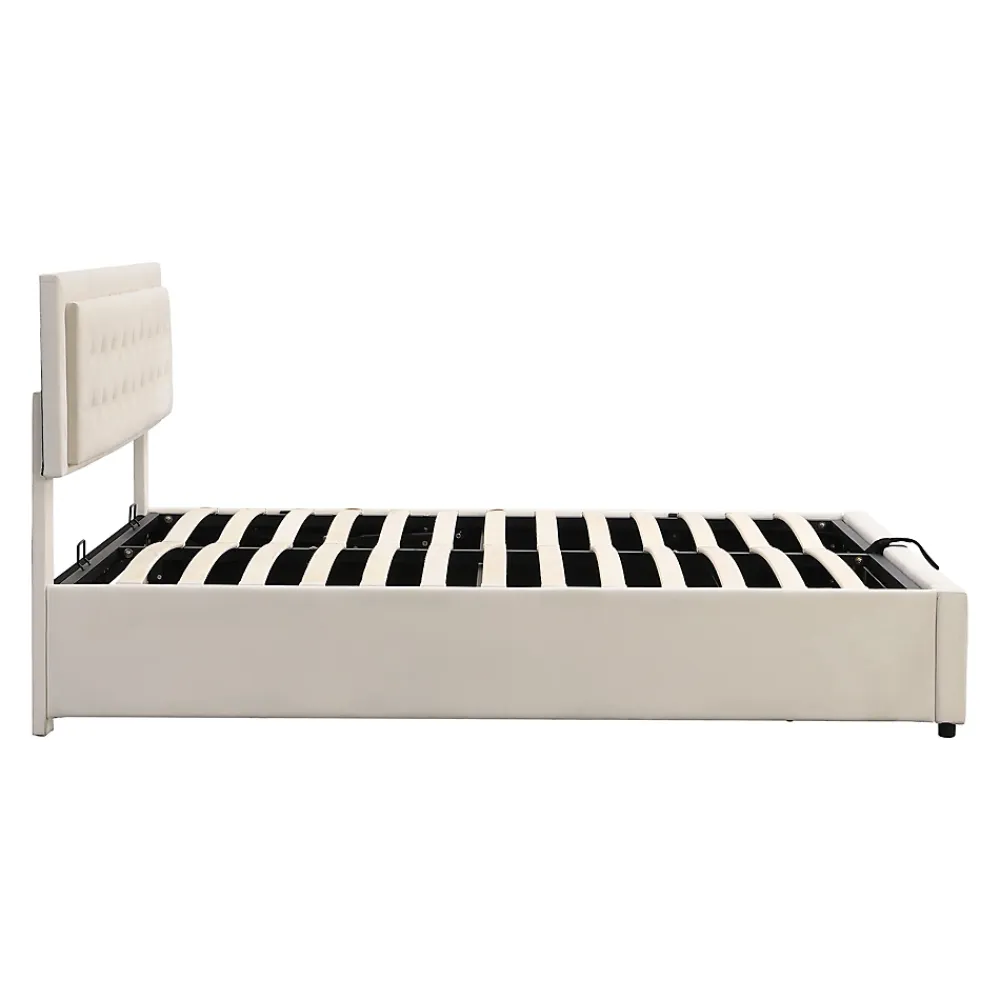 Redom Lit 160x200 cm avec grand rangement hydraulique, tête de lit réglable en velours beige et pieds métal* Lit Avec Rangement