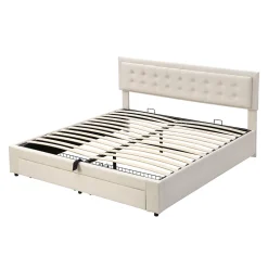 Redom Lit 160x200 cm avec grand rangement hydraulique, tête de lit réglable en velours beige et pieds métal* Lit Avec Rangement