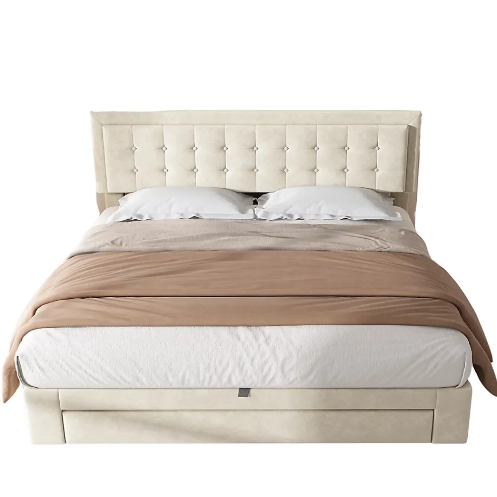 Redom Lit 160x200 cm avec grand rangement hydraulique, tête de lit réglable en velours beige et pieds métal* Lit Avec Rangement