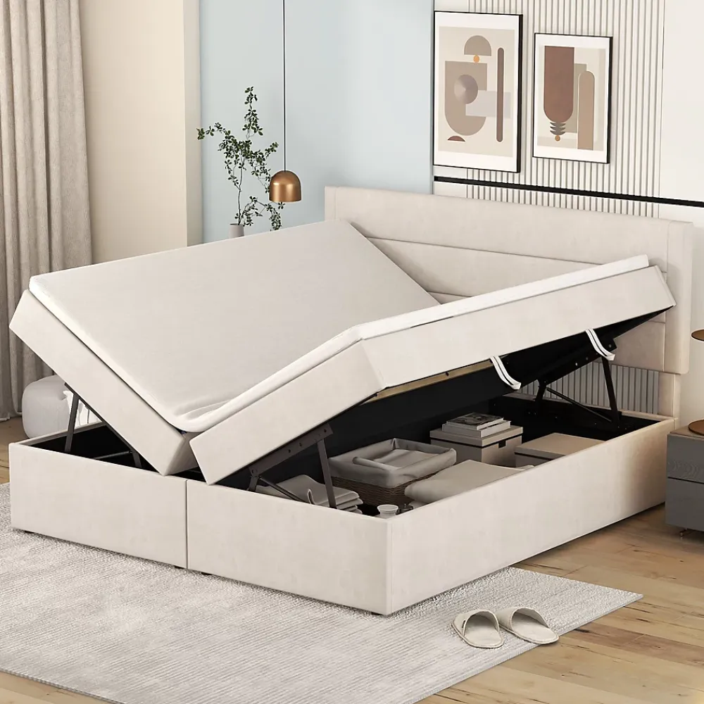 Redom Lit 140x200 cm avec grand rangement, revêtement lin beige, cadre métal et structure bois massif, style minimaliste* Lit Avec Rangement