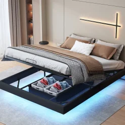 ProximaX Lit 160x200 cm avec LED, cadre flottant, base en bois, PU noir, sans tête de lit, rangement* Lit Coffre