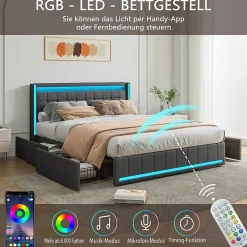 Lit 160x200 cm avec LED et ports USB Type C, lit Queen 160x200 cm avec sommier à lattes et 4 tiroirs, tissu en lin, gris foncé>Generique Discount