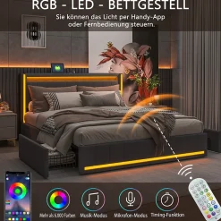 Lit 160x200 cm avec LED et ports USB Type C, lit Queen 160x200 cm avec sommier à lattes et 4 tiroirs, tissu en lin, gris foncé>Generique Discount