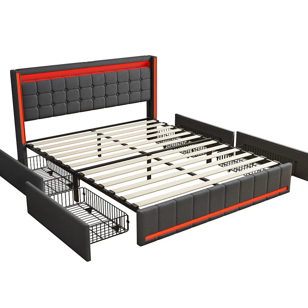 Lit 160x200 cm avec LED et ports USB Type C, lit Queen 160x200 cm avec sommier à lattes et 4 tiroirs, tissu en lin, gris foncé>Generique Discount