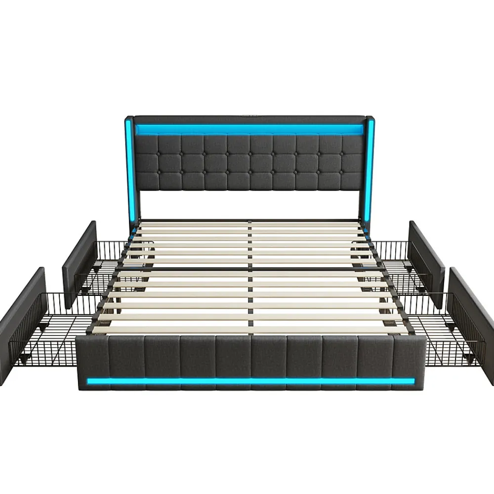 Lit 160x200 cm avec LED et ports USB Type C, lit Queen 160x200 cm avec sommier à lattes et 4 tiroirs, tissu en lin, gris foncé>Generique Discount