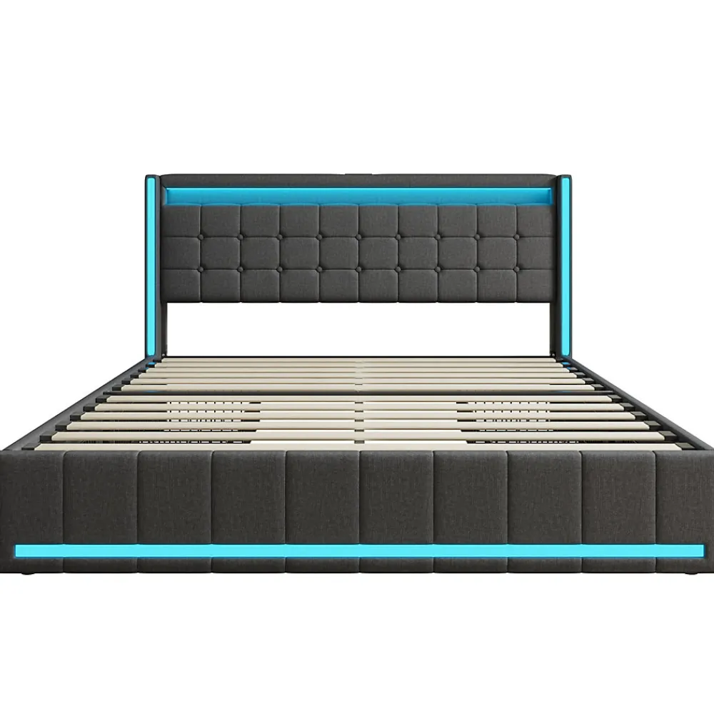 Lit 160x200 cm avec LED et ports USB Type C, lit Queen 160x200 cm avec sommier à lattes et 4 tiroirs, tissu en lin, gris foncé>Generique Discount