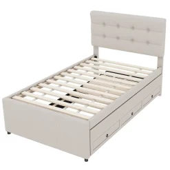 Lit 90x200 cm avec lit gigogne et 3 tiroirs, tête de lit réglable, tapissé lin beige, design minimaliste><noscript><img width=