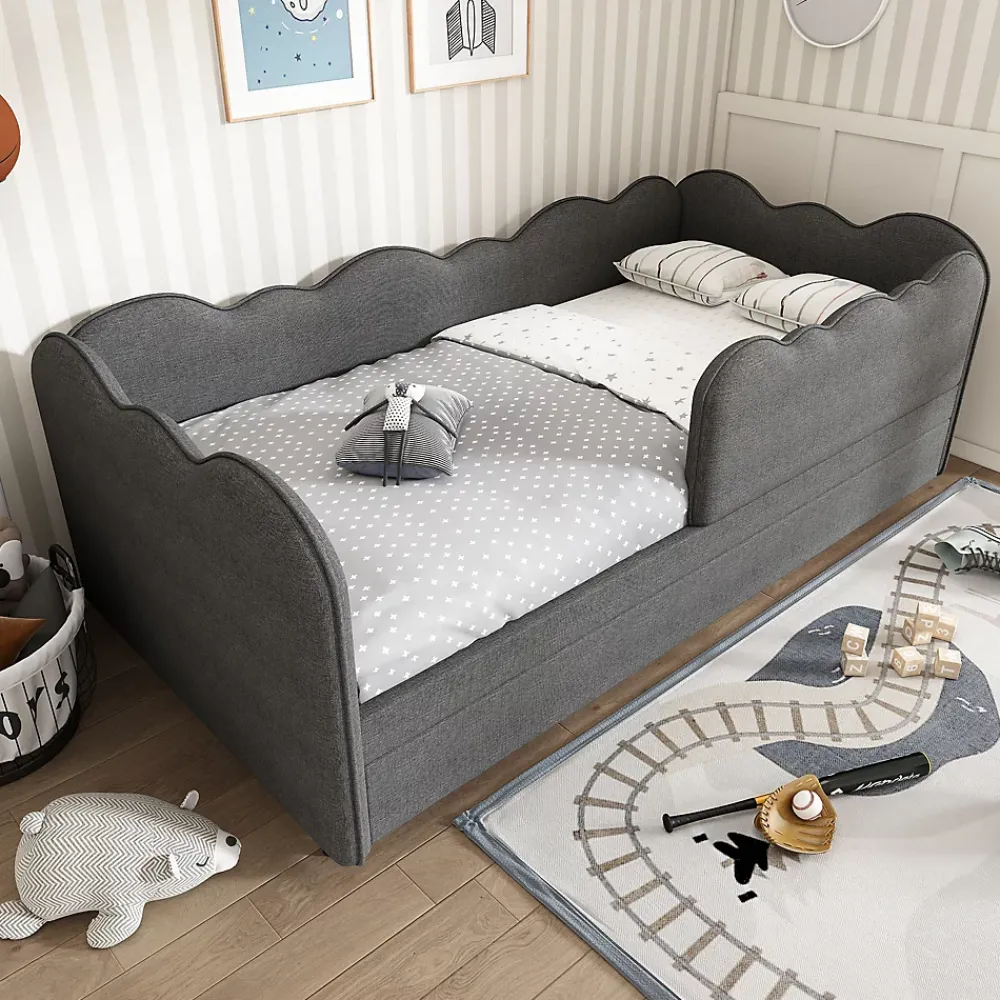 Redom Lit 90x190 cm avec lit gigogne et dossier rembourré en lin gris, côtés modulables pour chambre d'enfant* Lit Gigogne