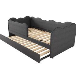 Redom Lit 90x190 cm avec lit gigogne et dossier rembourré en lin gris, côtés modulables pour chambre d'enfant* Lit Gigogne