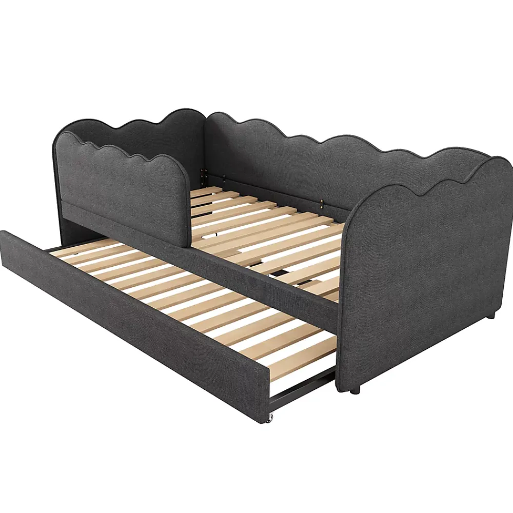 Redom Lit 90x190 cm avec lit gigogne et dossier rembourré en lin gris, côtés modulables pour chambre d'enfant* Lit Gigogne